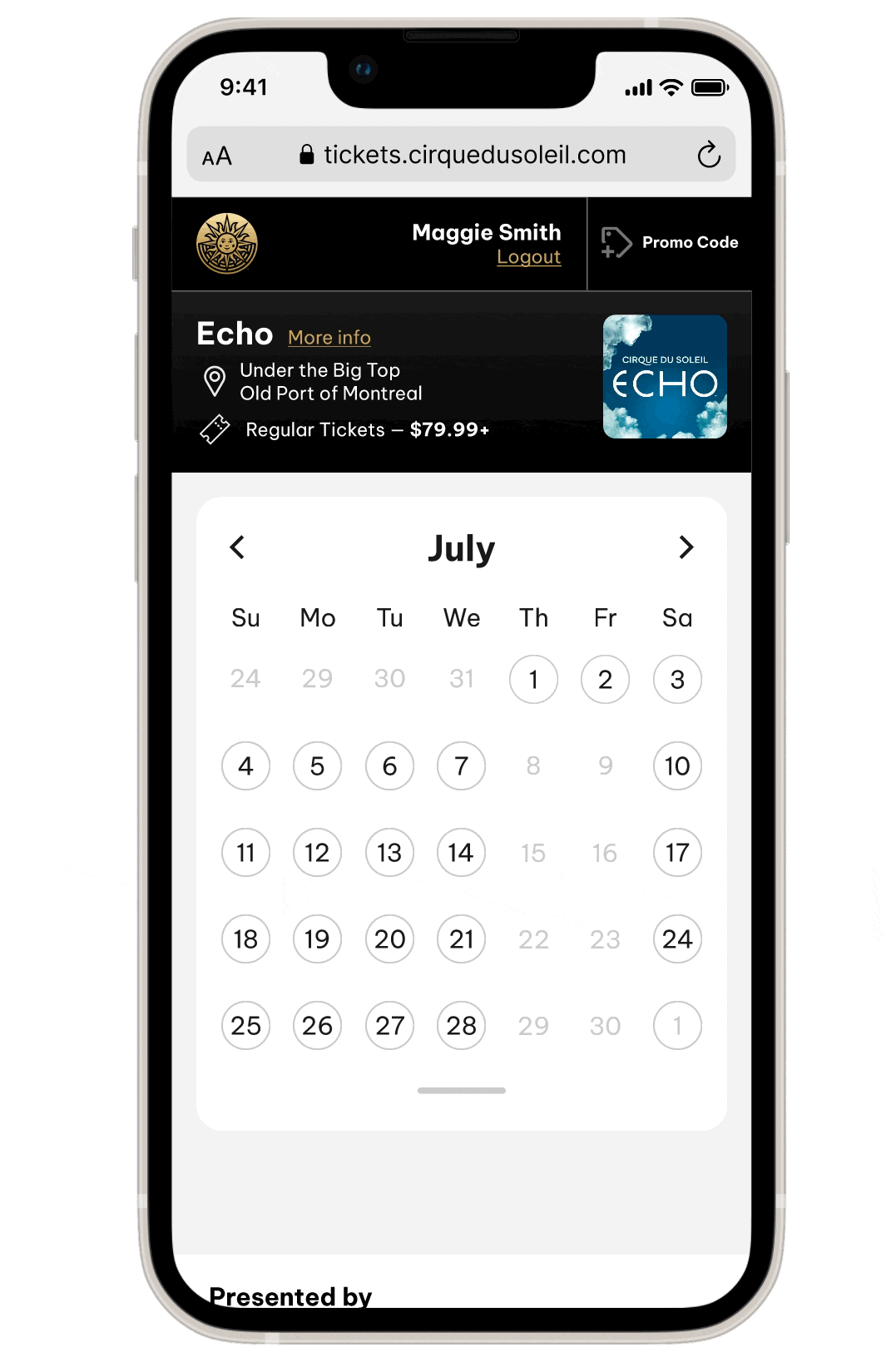 Cirque du Soleil interface mockup